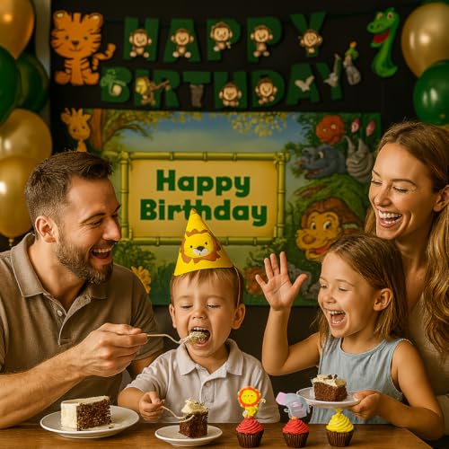 Image of Pixelfox Jungle Theme Birthday Decoration Kit - 48 Pcs Safari Party Supplies | Green & Gold Metallic Balloons, Paper Banner Combo | Wild One Party Decor for Kids