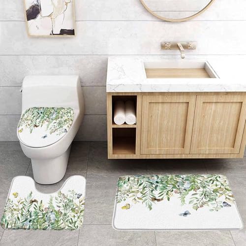 Sage Green Leaves 3 Pcs Bath Rugs Set,Watercolor Eucalyptus Plant Floral Butterfly Rustic Nature Spring Botanical Bathroom Kitchen Rug with 17.8