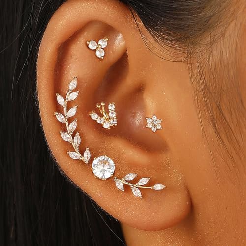 Image of SANNIDHI Earrings Set for Women Girls Gold Rhinestone Stud Earring Stainless Steel Cartilage Hypoallergenic Earrings Combo Set for Multiple Piercing