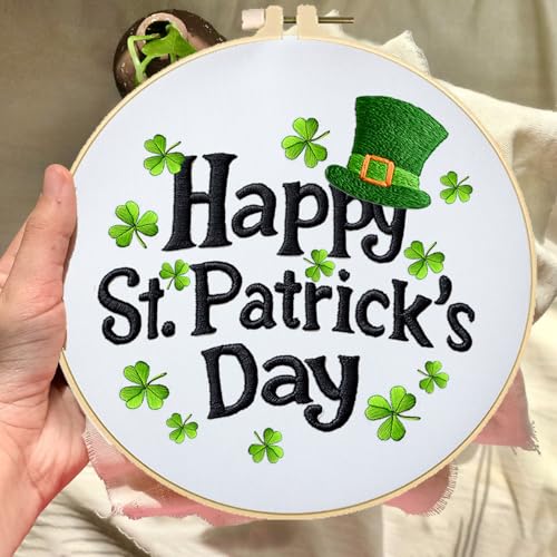 Image of BEUNITONE 4 Set Lucky Clover Pattern Embroidery Kit for Adult Beginners | DIY Complete Needlepoint Kits for Adults, Cross Stitch Starter Kit with Hoops, Handmade Gifts for Fabric Home Decor 20x20cm