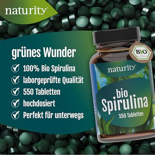 BIO Spirulina Tabletten I 550 Presslinge, 100% gemahlene Spirulina I Mit natürlichem Eisen-Gehalt I Ökologisch kultiviert & Bio-zertifiziert I Vegan, ohne Zusätze & Rückstände I Naturity