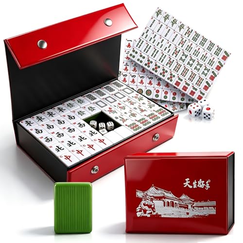 Eirolace Jeu de Mahjong Chinois Grand Format - Set Complet Avec 146 Tuiles 3 0 x 2 25 cm et Étui de Voyage - Tuiles Robustes et Faciles à Lire Pour la Famille Les Fêtes et Les Voyages (Vert)