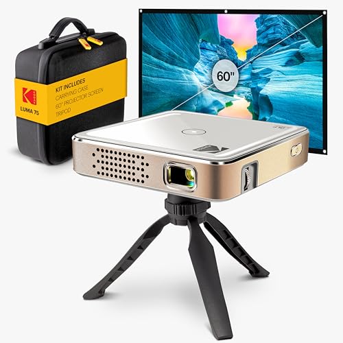 KODAK Luma 75 Complete Kit – Ultra Mini DLP Pocket Projector with Case, Tripod & 60” Screen, Rechargeable Battery, Built-in Speaker, HDMI, USB, MicroSD – Portable for Home, Office, & Outdoor (White)