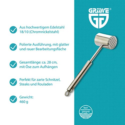 GRÄWE Vleeshamer van roestvrij staal, dubbelzijdig, vleesklopper met twee bewerkingsvlakken incl. glad en genoppterr oppervlak, 28 cm - Image 3