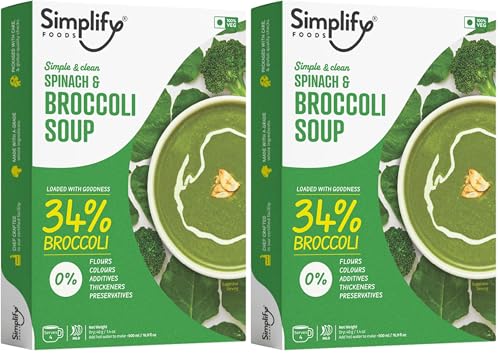 Image of Simplify Foods Spinach & Broccoli Instant Soup | Made with 34% Broccoli & 19% Spinach | Pack of 2 (Makes 500ml) | Just Add Hot Water | No Cooking Required | Clean Label | 0% Additives or Preservatives