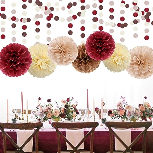 Image of Brown Burgundy Champagne-Gold Party-Decorations - 30pcs Rustic Boho Wedding Tissue Pom-Poms Streamers ,Fall Autumn Tassel Garland Banner,Birthday Baby Bridal Shower Engagement Decor Lasting Surprise