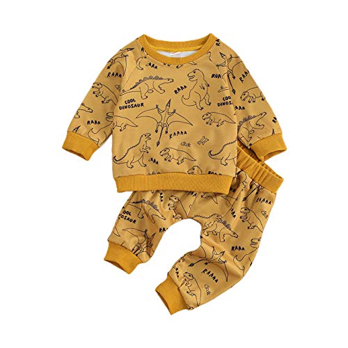 Newborn Infant Baby Boys Girls Clothes 2pcs Solid Color/Print Pajamas Long Sleeve Tops+Pants Baby Boy Winter Outfit (Dinosaur Print&Yellow, 0-6 Months)