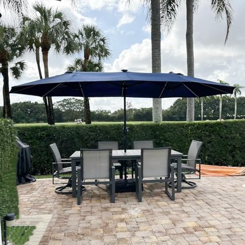 PURPLE LEAF 15ft Patio Market Umbrella with Solar LED and Base Double-Sided Rectangle Outdoor Table Sun Umbrellas with Crank for Pool Beach Deck Backyard Navy Blue — view 2