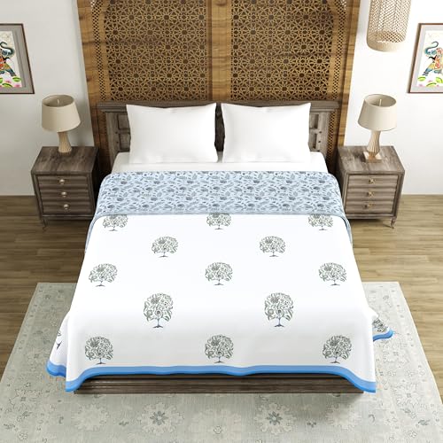 Image of BLOCKS OF INDIA 100% Cotton Dohar King Size Reversible Hand Block Printed Malmal Summer Dohar /Blanket (Blue Tree of Life)
