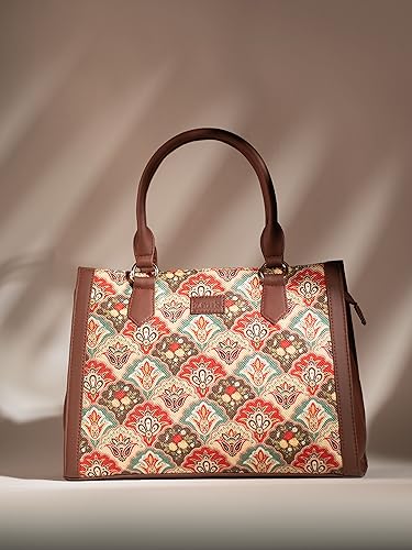 Image of ZOUK Printed Jute Handcrafted Vegan Leather Multicolor Women's Satchel Bag | Ladies Purse Handbag | Double Handle Detachable Strap