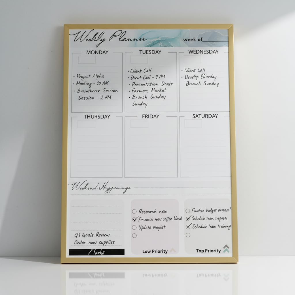 Small Whiteboard 12 x 16 Inch Magnetic Dry Erase Board with Stand & Wall Mount | Gold Aluminum Frame | Planner Board with Weekly & Monthly Sheets | 3 Markers, Eraser & 2 Magnets