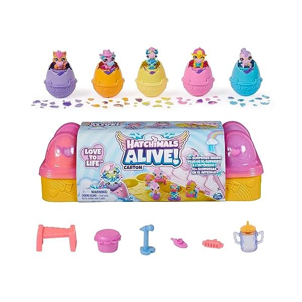 Hatchimals Alive, Pink & Yellow Egg Carton Toy with 6 Mini Figures in Self-Hatching Eggs, 11 Accessories, Kids Toys for Girls and Boys Ages 3 and up