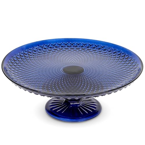 Amici Home Diamond Footed Glass Cake Stand | Round Vintage Style Cake Plate | Serving Platter for Cupcakes, Cookies | Dessert Display Stand for Parties, Weddings, and Gift | 10” D x 3.7” H (Cobalt)