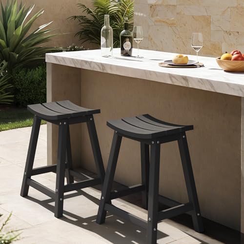 Image of Ciokea 2 Set 24 inch Outdoor Bar Stools Heavy Duty HDPE Counter Height Bar Stools Weatherproof Patio Seats Modern Waterproof BarStools for Bar Deck Balcony Kitchen Counter Yard, Black