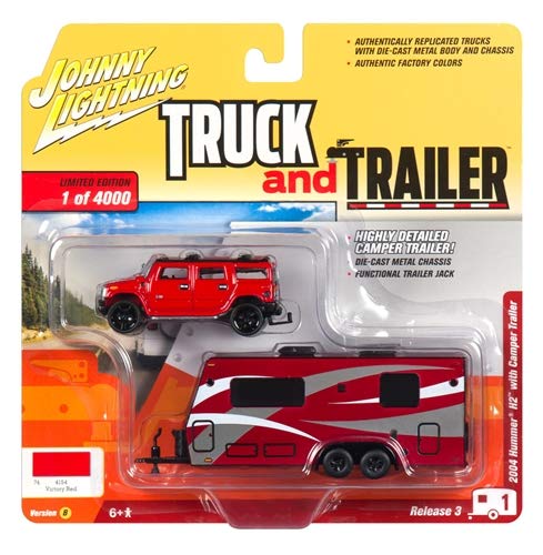 2004 Hummer H2 Red with Dark Red Camper Trailer Limited Edition to 4,000 Pieces Worldwide Truck and Trailer Series 3 1/64 Diecast Model Car by Johnny Lightning JLBT008/ JLSP037 B