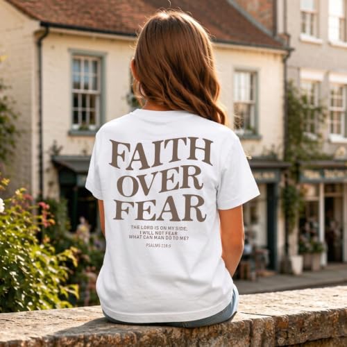 Image of Faith Over Fear Shirt Christian Jesus Tshirts for Girls Religious Inspirational Tees Bible Verse Tops for Kids 3-12