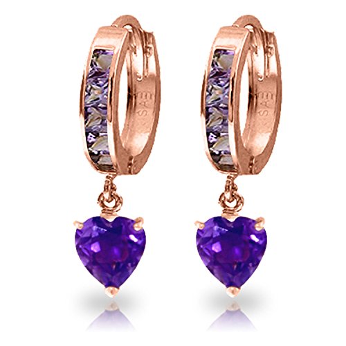 4.1 CTW 14K Solid Rose Gold Hoop Amethyst Heartdrop Earrings