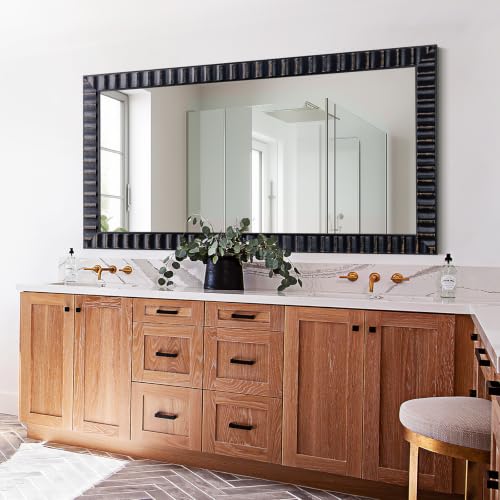 Image of Modern Wooden Black Bedroom Mirror, 60 inch x30.5 inch Mirror Wall Decor, Rectangular Relief Frame, Tempered Glass, Vintage Farmhouse Style for Living Room /Entryway /Bathroom (Black, 60 inchx30.5 inch)