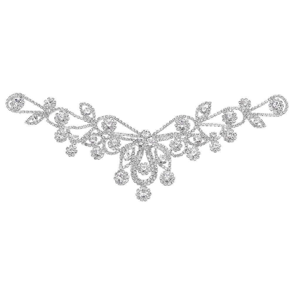FINGERINSPIRE V-Neck Neckline Crystal Applique Patches 23x12.5cm Sew on Long Silver Back Crystal Glass Rhinestone Patches Decorative Wedding Bridal Collar Decoration for DIY Crafts Clothes Decoration