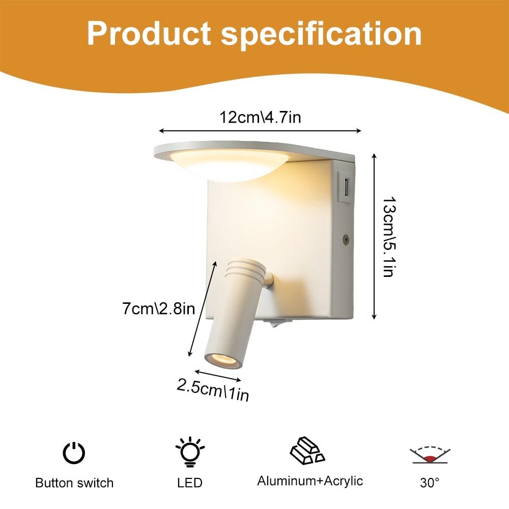 Jadssox Wandleuchte LED mit Schalter und USB-Anschluss - Drehbare Spotbeleuchtung 350°+90°, Warmweiß 3000K für Bettkopf, Nachttisch, Wohnzimmer und Schlafzimmer(White)