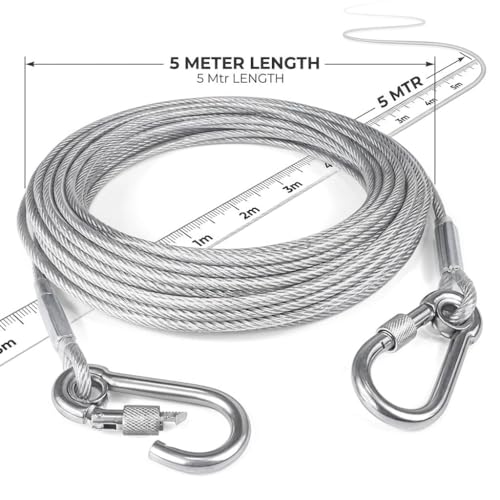 Image of Heavy-Duty Stainless Steel Clothesline with Carabiner Hooks, Rust-Proof, 5 Metre(3.0 MM), for Balcony, Camping and Home Use