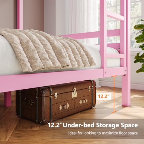Image of iPormis Metal Bunk Bed Full Over Full, Heavy Duty Bunk with High Guardrail and Safety Entrance Design, Under-Bed Storage Space, Easy Assembly, Noise Free, Pink