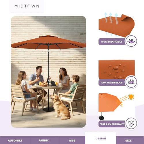 Image of Midtown Umbrellas - 10-Year-No-Fade 9 Ft Patio Umbrella with Terylast Fabric, Auto-Tilt Aluminum Frame and 8 Reinforced Ribs for Deck, Pool, Garden & Beach - Dark Orange Canopy, Black Pole
