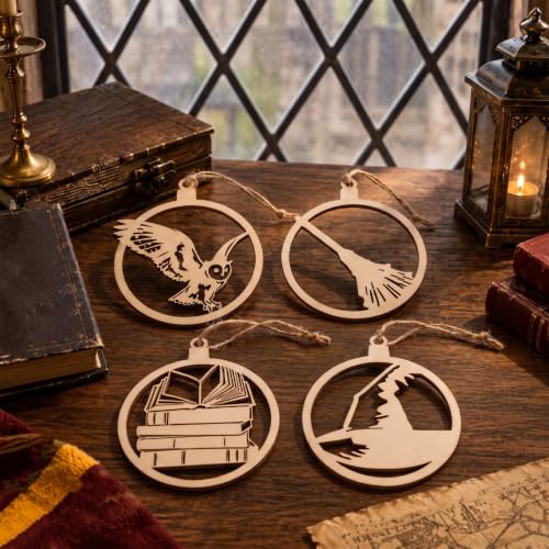 Image of Soulchen 12 Pcs Magical Wizard Party Decor Wizard Magic Lover Hollow Out Hanging Onaments Wooden Vintage Magic Hat Book Castle Broom Hanging Sign for Farmhouse Home Decoration