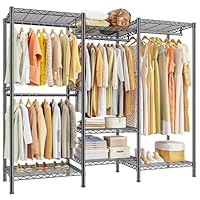 REIBII Clothes Rail Heavy Duty, Metal Clothes Rack with Shelves and Hanging Rails for Garments, Portable Open Wardrobe for Bedroom Walk-in Closet Garage, 195H x 190W x 45D cm, Black (Black A)