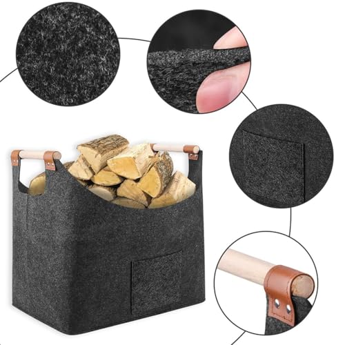 Filz Holzkorb - 55x40x32cm grauer Lagerraum, Kamin, tragbarer Griff Protokollhalter | Schwere Holzkiste für Winterlagerung, Wohnzimmer auf Kamintransport