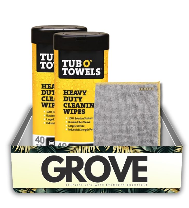 GROVE Tub O Towels Heavy Duty Cleaning Wipes Bundle with Microfiber Auto Cleaning Cloth – Lifts Stains from Carpet, Upholstery, and Surfaces with Durable Foaming Wipes – Gift Set (3 Items)
