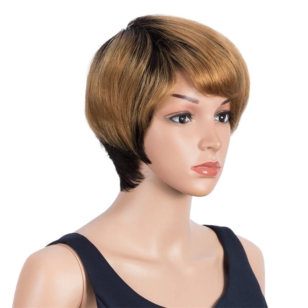 xiuling4568 Pixie Cut Wig Human Hair Glueless Wear and Go Wig with Bangs Short Wigs for Women,Lightweight & Breathable Cap Hairs Extensions(Gold)