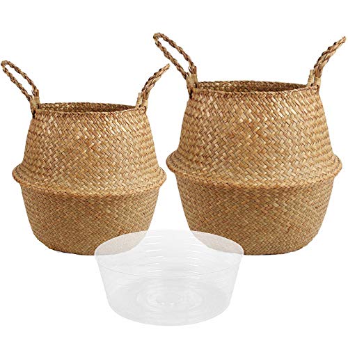 BlueMake Woven Seagrass Belly Basket Set of 2 for Storage Plant Pot Basket and Laundry, Picnic and Grocery Basket (Medium+Large, Original)