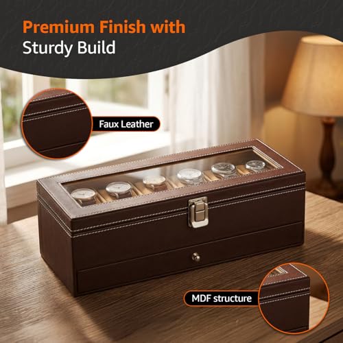 Image of Amazon Basics Sliding Drawer 6-Slot Watch and Jewelry Organizer - Faux Leather & MDF Storage Box for Men and Women, Brown