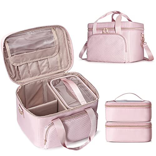 Image of Prokva Travel Makeup Bag with 2 Pouches and Adjustable Dividers, Large Cosmetic Case Make up Organizer for Women Fits Bottles Vertically, Pink (Patented Design)
