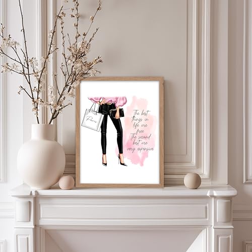 Image of Poster Master The Best Thing In Life Are Free Poster - Fashion Print - Trendy Art - Modern Art - Gift for Women & Fashionista - Funny Glamour Decor for Bedroom or Girl's Room, 8x10 Beige Framed