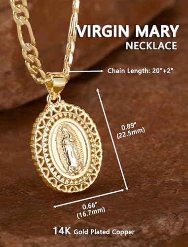 Virgin Mary Necklace for Women, 14K Gold Plated Copper Virgen de Guadalupe Charm Pendant, Valentine Mother's Day Our Lady Blessed Christian Catholic Gifts for Her with Jewelry Box Figaro Chain4