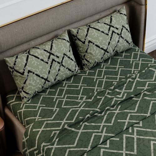Image of Stoa Paris 100% Cotton Super King Bedsheet with 2 Pillow Covers for King & Double Beds, 180TC Printed Bedding Set, Breathable, All-Season Comfort, Lightweight, Urbanscape - Olive Mesh (274cmx274cm)