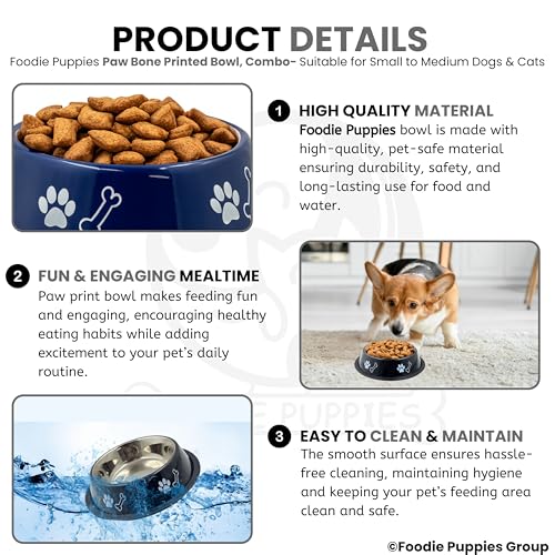 Image of Foodie Puppies Stainless Steel Dog Bowl Combo - (Medium, 700ml) Food and Water Feeding Gift Bowl | Suitable for Dogs, Cats and Other Pets I Paw Bone Print, Anti-Skid Rubber Base (Black + Blue)