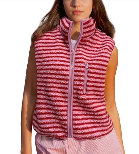 Colorful world Striped Fleece Vest Women High Neck Zip Up Sleeveless Teddy Sherpa Vest with Chest Pocket
