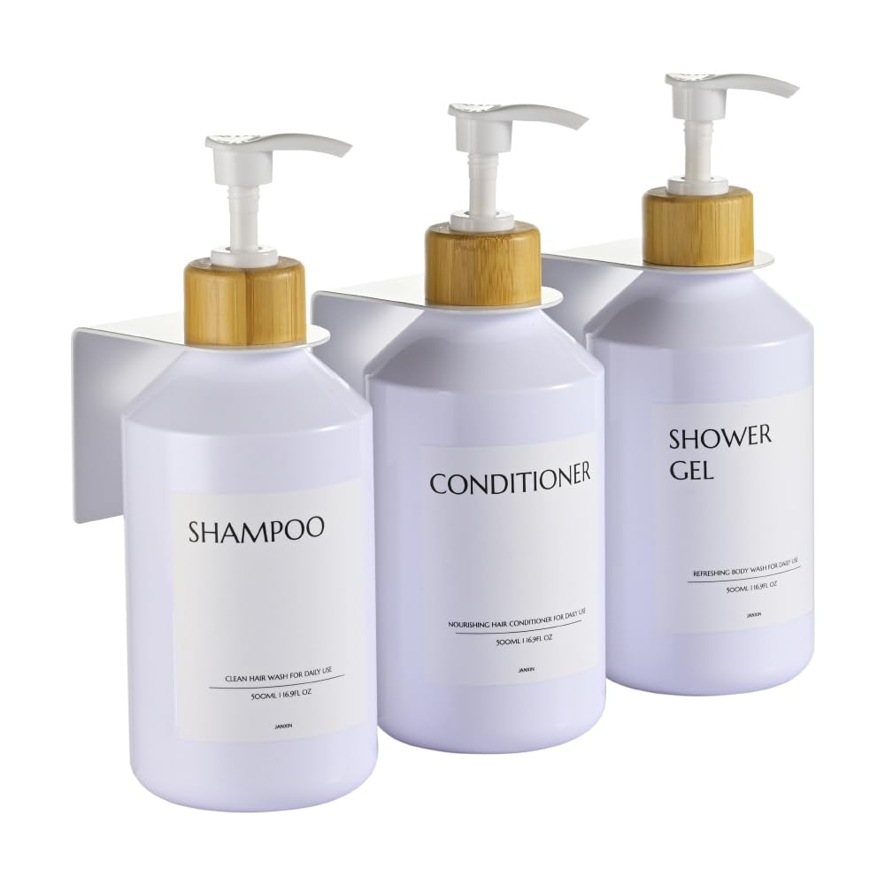 Janxin 3 Pezzi Dispensador de jabón de Pared sin Taladrar, 500 ml Dispensador de Jabon Montaje en Pared con Etiquetas para Champú, Jabón de Mano (Botella Blanca + Cabeza de bambú.)