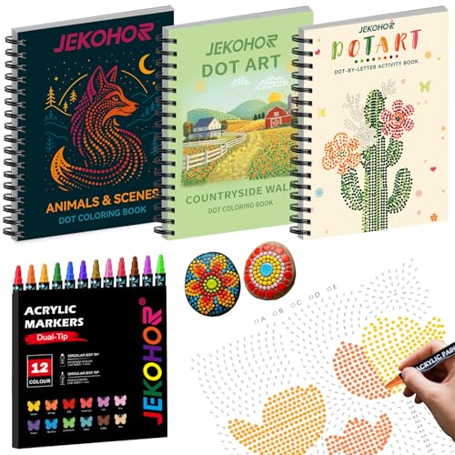 Image of Adult Coloring Book Set:3 PCS Dot Coloring Books for Adults with 90 Patterns and 12PCS Acrylic Markers,Dot Art for Adults to Relax and Relieve Anxiety Gifts-(Animal & Flowers Plant & Countryside)
