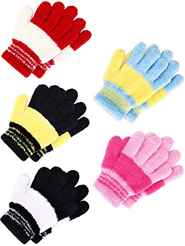 Image of SATINIOR 5 Pairs Kids Gloves Full Fingers Knitted Warm Gloves Winter Mittens for Little Boys and Girls Daily Supplies