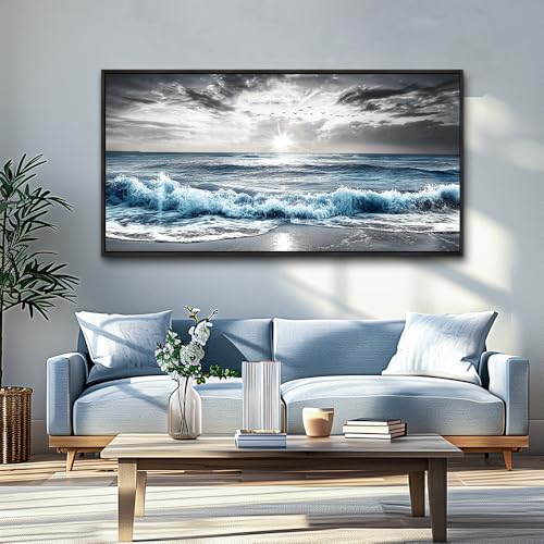 KELIYUAN Large Canvas Wall Art For Living Room Wall Decor For Bedroom Office Decorations Beach Wave Scenery Pictures Artwork For Modern Stretched and Framed Beach Posters Home Decoration 30"X60"