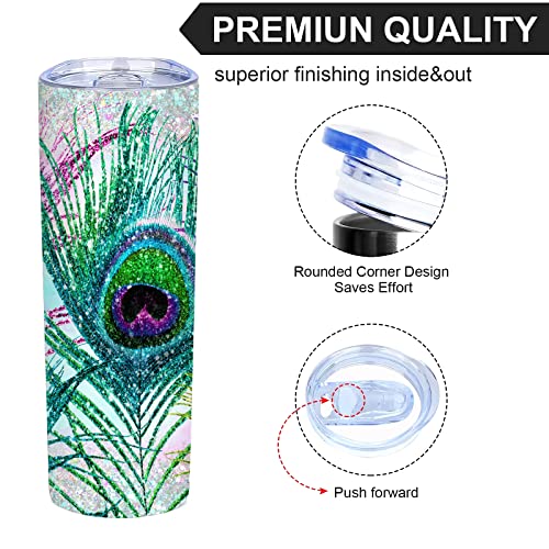 Colorful Peacock Feather Insulated Skinny Tumbler 20 Oz With Lid,Beautiful Printed Multicoloured Reusable Stainless Steel Coffee Mug,Best Birthday Gift For Women, Peafowl Bird Animal Lovers Present #TOP3