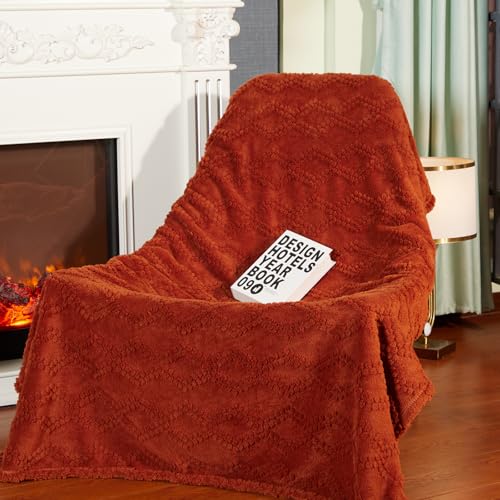BYKOSY Jacquard Boho Fleece Throw Blanket-Cozy Fluffy Soft Lightweight Fuzzy Fall Blanket for Sofa Couch Bed Chair & Car Gifts for Teen Girls Women & Men Home and Dorm Decor Rust Red 50 x 70