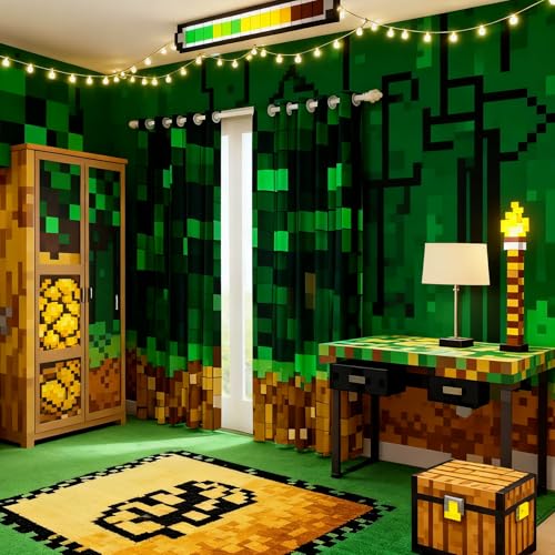 Manfei Pixelated Miners Blocks Boys Girls Room Decor Patchwork Square Video Games Window Curtains Geometric Patchwork Grid Blackout Curtains Green Yellow 2 Panels 38Wx45L inch