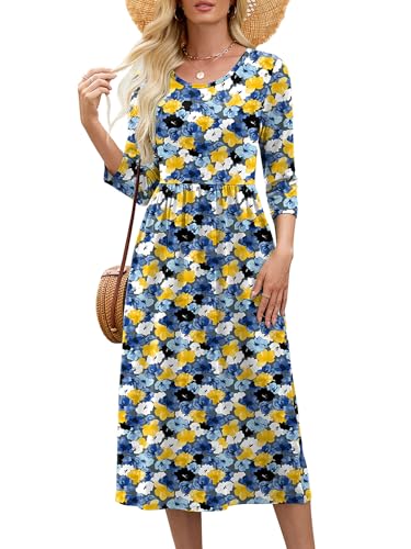 Image of Heymoments Women's Casual 3 /4 Sleeve Midi Dress Crewneck A Line Tiered Flowy Loose Travel Long Dresses with Pockets