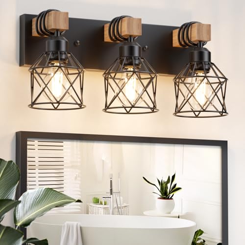 Image of Farmhouse Vanity Light for Bathroom, 3-Light Wood Bathroom Vanity Light Fixtures Over Mirror, Black Rustic Wall Sconce with Cage Metal Lampshade, Vintage Wall Lights for Bedroom, Living Room, Hallway