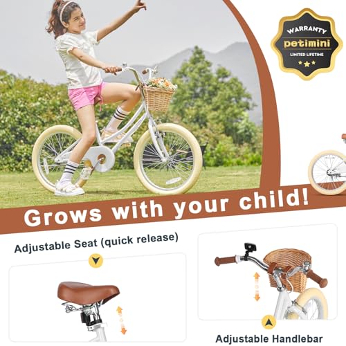 Image of Petimini Vintage Kids Bike for Girls, 12-20 Inch Classic Bicycle with Wicker Basket & Bell, High Tensile Steel Frame, Training Wheels (12-18 inch), 85% Pre-Assembled, Retro Bike for Outdoor Riding